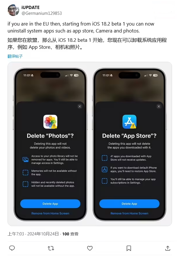 沁阳苹果手机维修分享iOS 18.2 支持删除 App Store 应用商店 